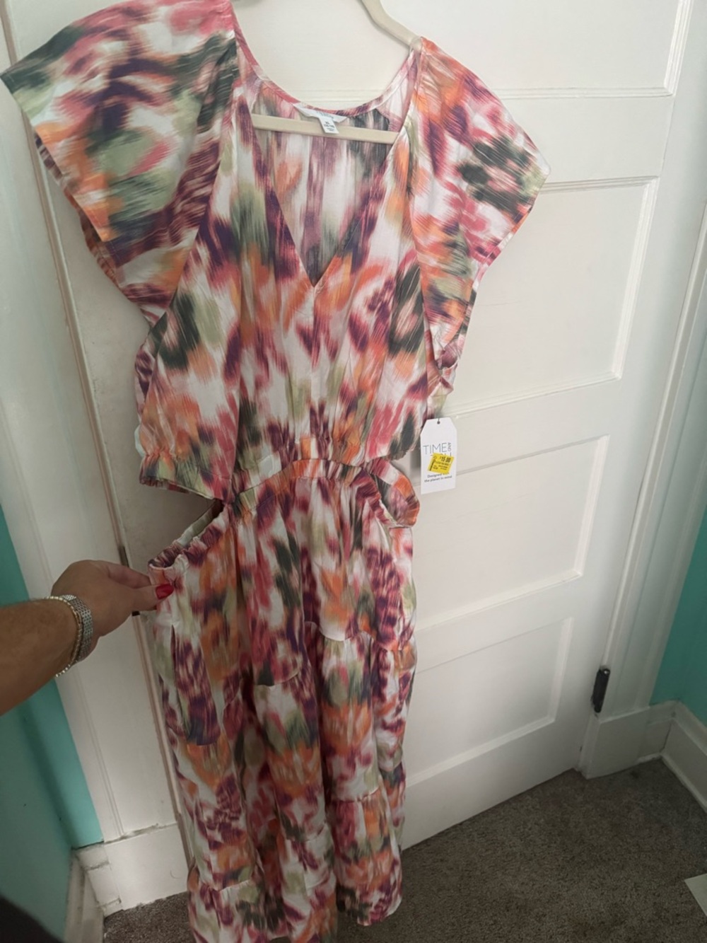 Time and Tru Pink Orange Green Floral-Print V-Neck Maxi Dress
